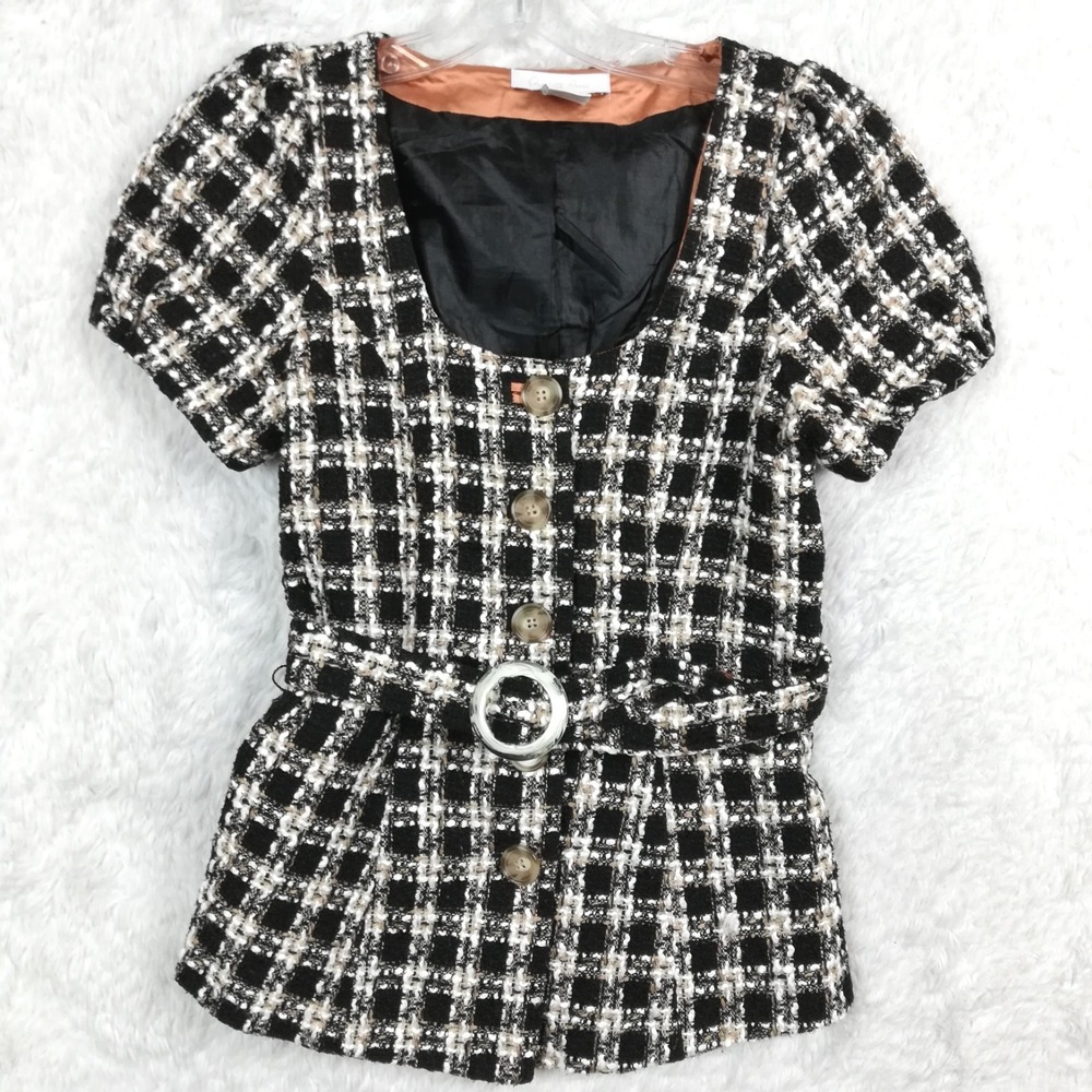Charlotte Russe‎ Womens Pea Coat Short Sleeve Wool Blend Single Breasted Plaid S